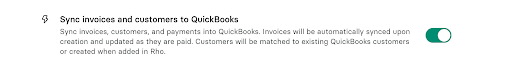 The Sync invoices and customers to QuickBooks setting switched on